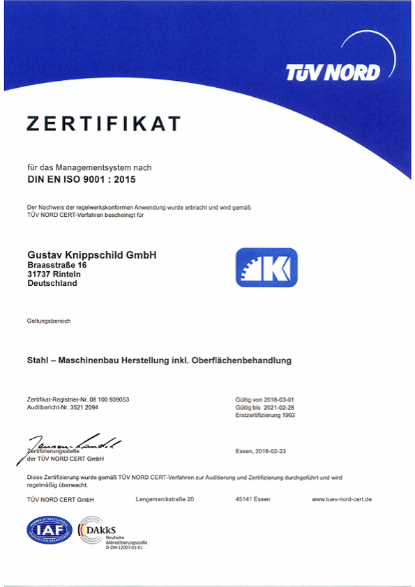 TÜV-NORD-Zertifikat nach DIN EN ISO 9001:2015 für Gustav Knippschild GmbH